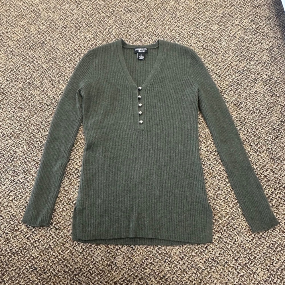 Peck & Peck Luxury 100% Cashmere Ribbed V-Neck Sweater Olive Green Medium